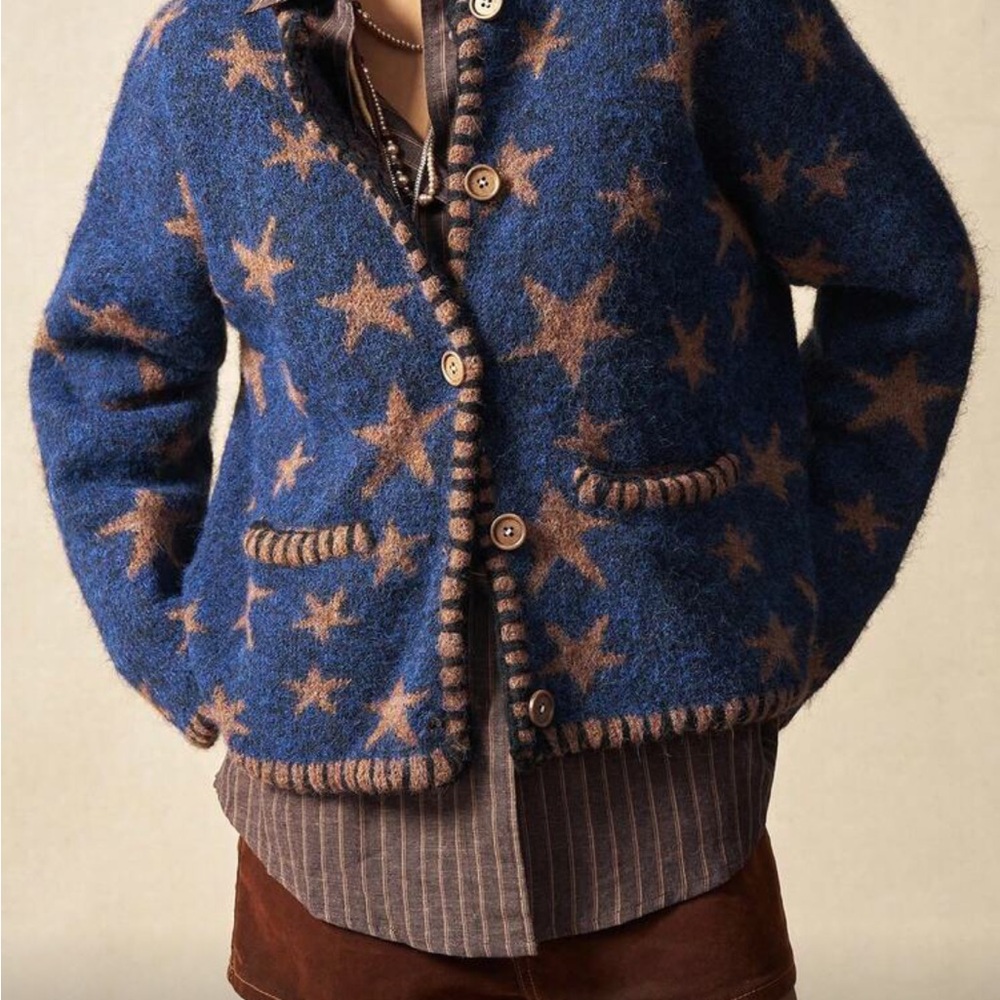 Star knit cardigan pocket Patterned Blue and golden Brown Women's Sweater - Picture 7 of 7